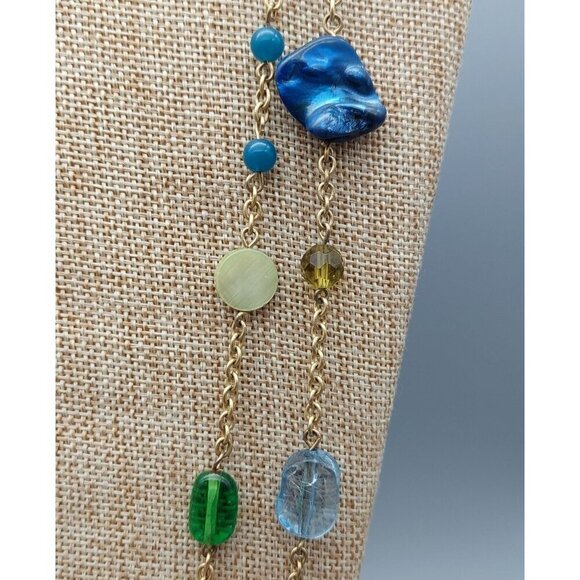 Lia Sophia Long Double Strand Beaded Necklace Brushed Gold Tone Green Blue 40" - Picture 4 of 11
